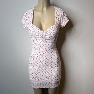 Ruched Sweetheart Mini Dress in White with Pink Floral